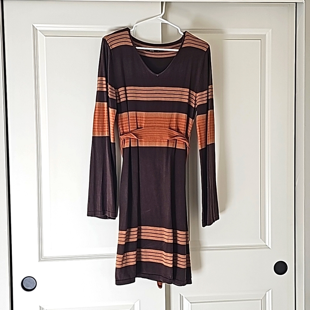 Prana Brown Striped Sydney Bell Sleeve Belted Dress